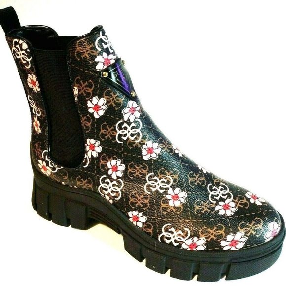 NEW GUESS Brown Multi Color Floral Design Block Heel Slip on Lug Boots - Picture 1 of 7